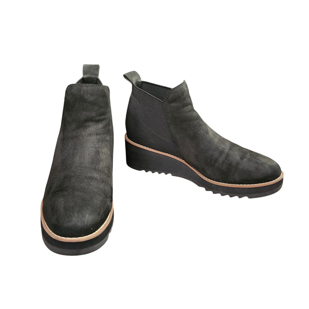 Eileen Fisher Lilou Black Nubuck Leather Wedge Ankle Boots Lug Sole W 9 Luxury